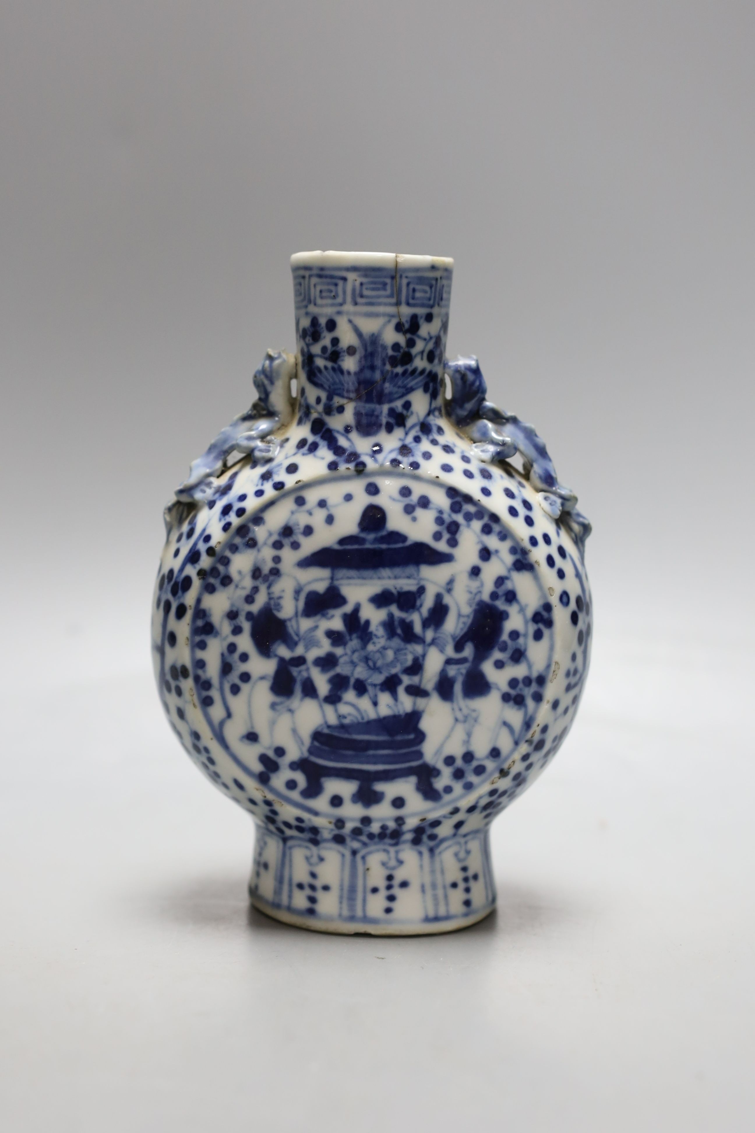 A pair of Chinese blue and white double gourd vases, similar moonflask and flower ornament 18cm